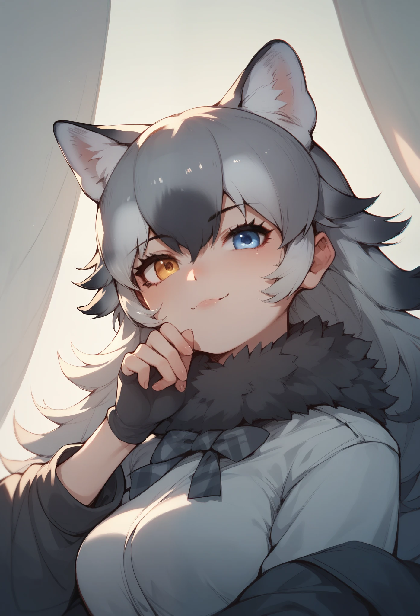 Score_9, Score_8_up, Score_7_up, Score_6_up, Score_5_up, Score_4_up, source_anime, 1girl, nsfw, grey wolf \(kemono friends\), heterochromia