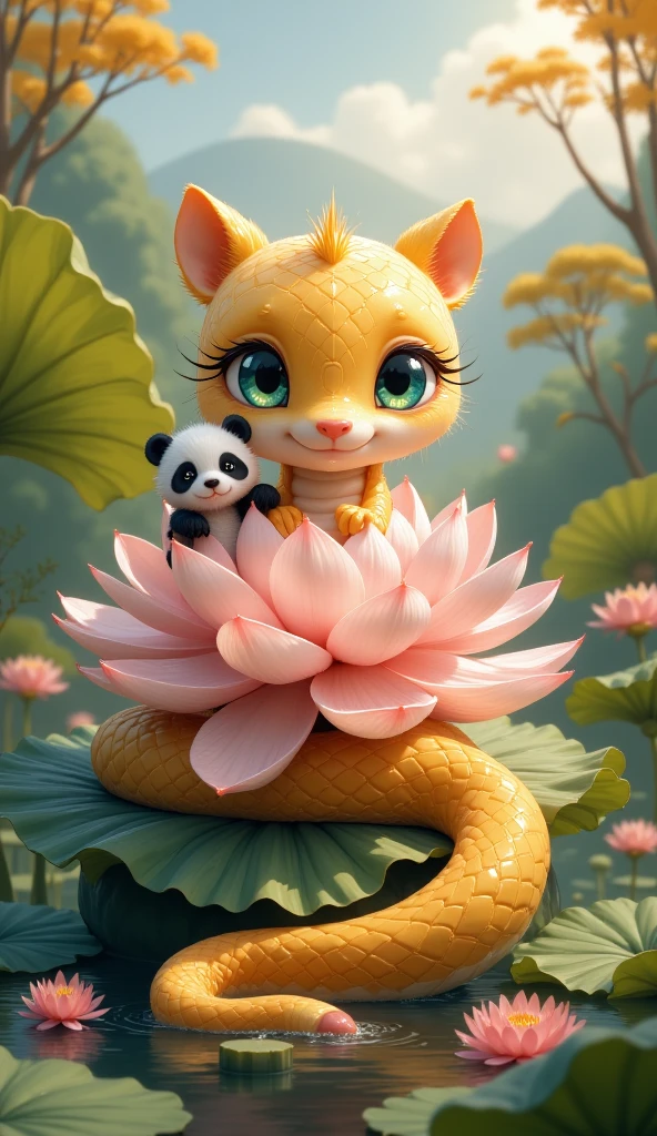 The world of felt，Ink wind background, Felt bridge flowing water ， Felt landscape ，A huge lotus flower ， Soft golden glow ， A Q version of a young snake is revealed on the huge lotus core， Plush velvet is cute ， Plush golden felt-textured scales ，Gradient gold ， Light gray textured little belly ， Large, round eyes that radiate emerald green and soft light ， Pure spiritual eyes ， Full of wisdom and wisdom about the surroundings State ， A felt panda stands on the side with its paws sticking out and rests on top of a young snake's head， blockbuster cinematic perspective ， interlaced light and shadow ，High resolution reveals details， Extreme Details ，Super Resolution，Image Quality， octane rendering ，Global Illumination