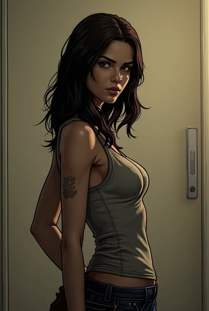 just handcuffs on a table, dark surroundings, few drops of blood, gta comics style image woman with handcuffs
