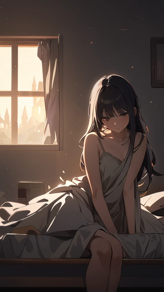 The shadowy figure sitting on the bed, with a frightened woman standing nearby,4k