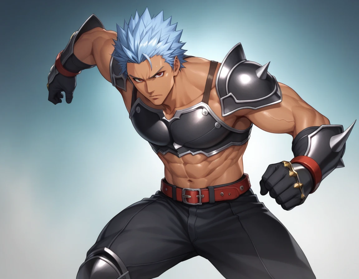 score_9, score_8_up, score_7_up, source_anime, BREAK 1man, solid dude, middle muscular, heroic ikemen, light blue hair, spiked hair slicked back, forehead, tsurime, red eyes, toned body, tanned skin, sharp eyes, BREAK abs, black armor, croptop armor, sleeveless armor, black leggings, black gloves, red belt, black greaves, man in simple fantasy costume, BREAK solo, fullbody, ideal ratio body proportions, fighting posing, serious emotion, BREAK 1990s, in vintage jrpg style, cinematic shadows, cinematic lighting, texture, absurdres absolutely resolution, extreme all detailed, BREAK masterpiece, best quality, erotic male focus, fullbody focus