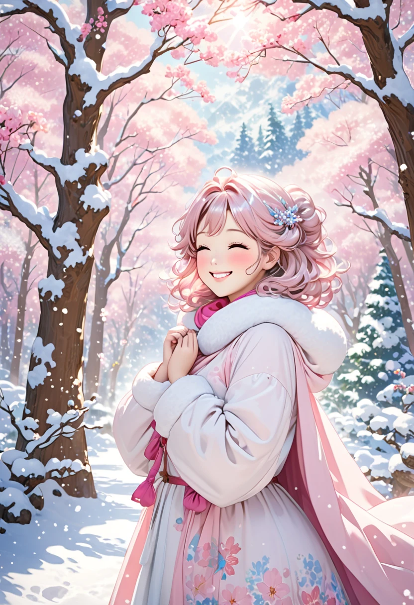 forestの中の光， Fantasy, 1forest_ Fairy_  girl, (Using_snow_Clothes, Light pink_snow_  covered  ), dynamic_Pose_Touching my cheeks ,  happy _smile, sleepy，curl_hair,  bright  _skin,  snow片_Surrounding Area_body, ( plump_body)++,(forest, tree々_background, snow_translucent)+++, Light pink_snow_Cape