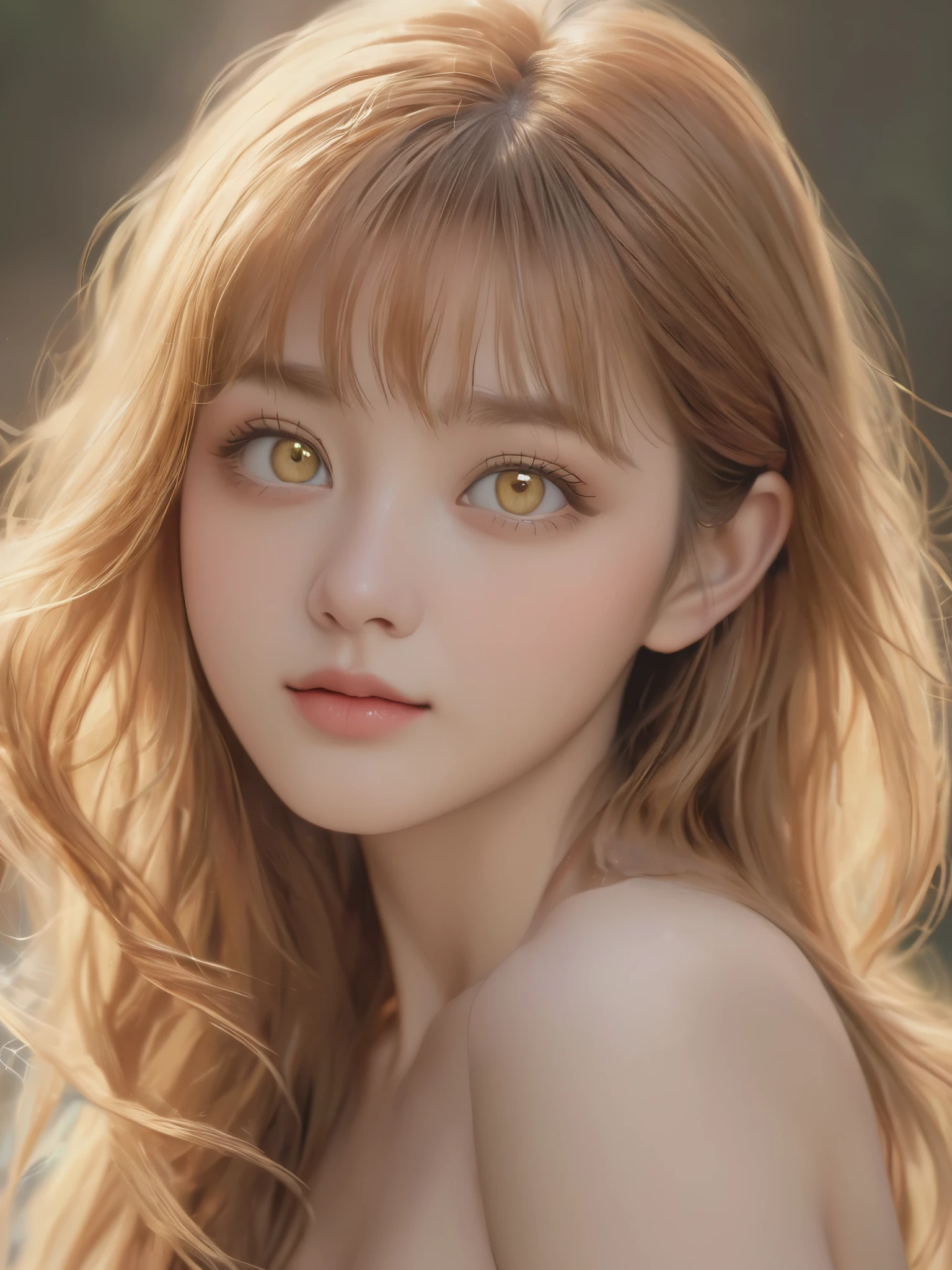 (hyperrealistic), (illustration), (high resolution), (8K), (extremely detailed), (best illustration), (beautiful detailed eyes), (best quality), (ultra-detailed), (masterpiece), (wallpaper), (photorealistic), (natural light), (rim lighting), (detailed face), (high detailed realistic skin texture), (anatomically correct), (solo), (1 girl), (high detailed realistic hair), (caramel hair:1.35), (heterochromic eyes), (detailed eyes), (light yellow eyes:1.37), (sparkling eyes), (realistic big breasts:1.5), (exposed nipples breasts:1.35), (long legs), (slender abs), (dynamic pose), (closed tiny mouth:1.3), (nsfw), (concentrated expression), (topless),