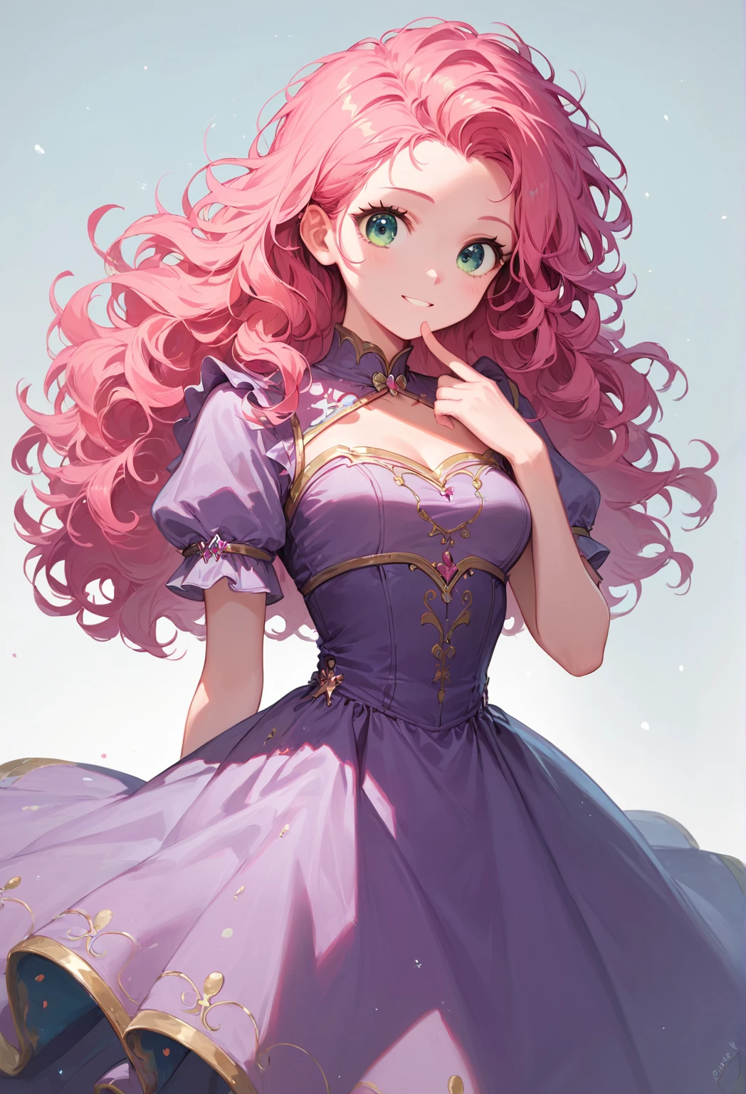 score_9, score_8_up, score_7_up,source_anime, high res image,masterpiece,best quality,girl,cute face,clear skin,simple_background, purple dress, pinkie pie, pink hair, green eyes, fluffy hair, pink skin