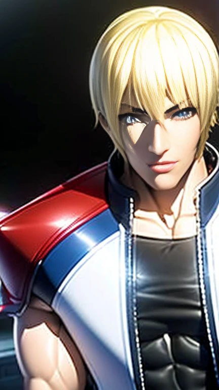 (High-definition CG), (Best Quality),   superhero with a beautiful body, Hero Costumes , Handsome and cool young man ,   Slim and Muscular  , The skin is brown,  blond hair, Frivolous