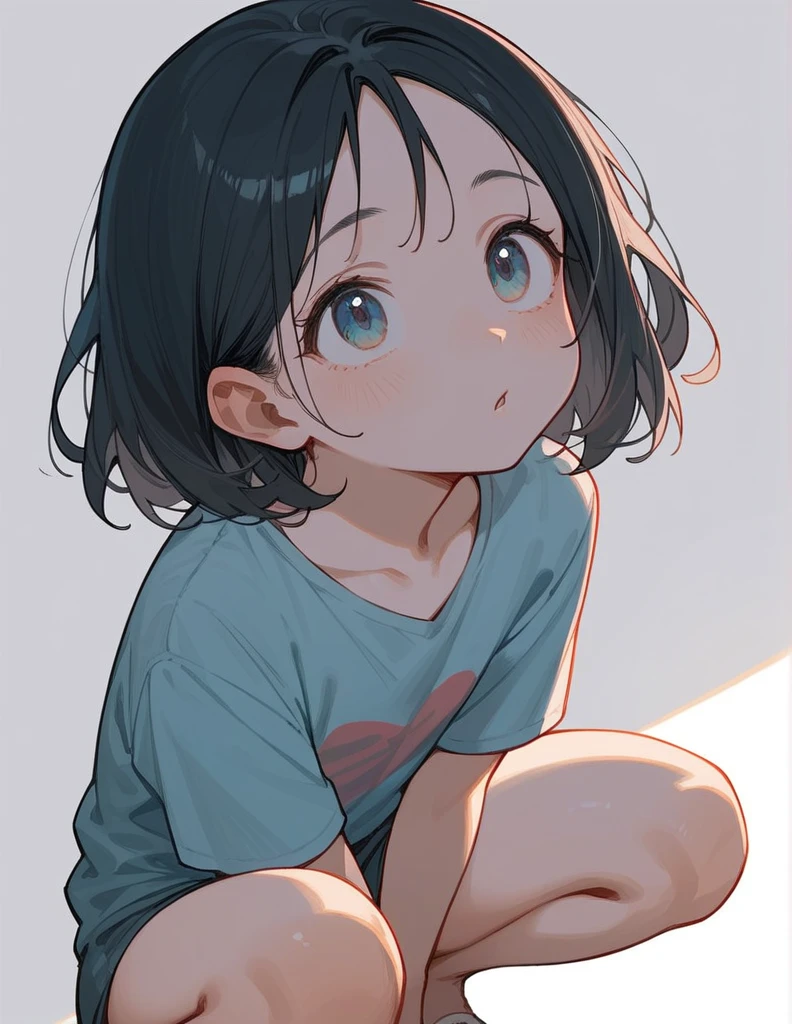 cute、 1 girl, look up, Black Hair,  Medium Hair,   Hi-Res, masterpiece,  simple background, crouching