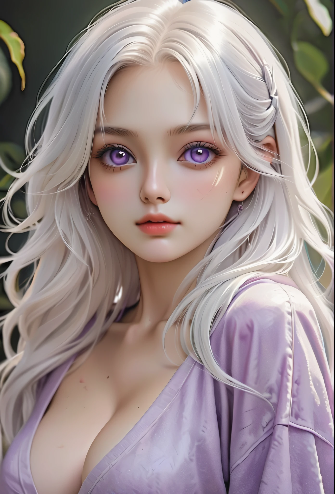  (hyperrealistic), (illustration), (high resolution), (8K), (extremely detailed), (best illustration), (beautiful detailed eyes), (best quality), (ultra-detailed), (masterpiece), (wallpaper), (photorealistic), (natural light), (detailed face), (high detailed realistic skin texture), (anatomically correct), (solo), (1 girl:1.52), (high detailed realistic hair), (white hair:1.35), (heterochromic eyes), (detailed eyes), (purple eyes:1.37), (sparkling eyes), (realistic huge breasts:1.53), (slender abs), (dynamic pose), (closed tiny mouth:1.3), (concentrated expression), (upon body from head to thigh:1.51), (dimple:1.34)