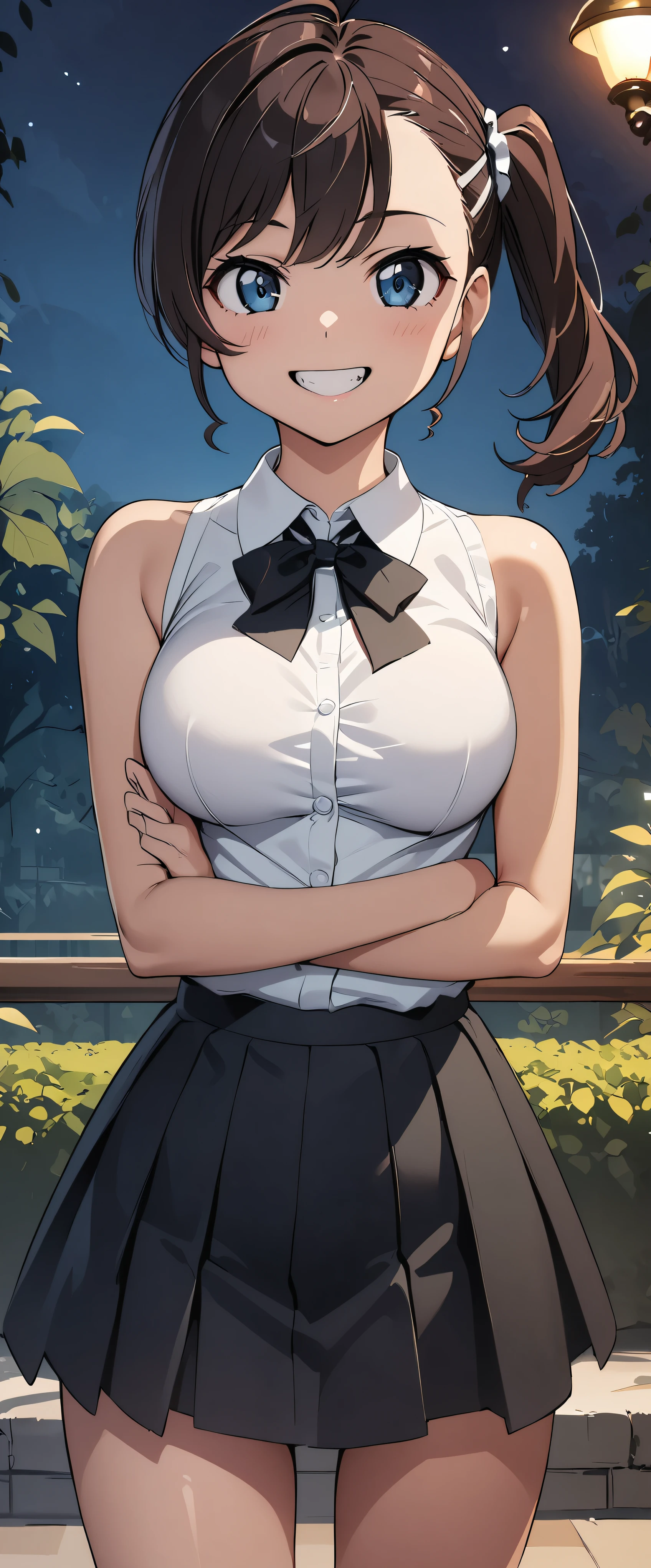 (((masterpiece)))、((Best Quality))、(Ultra-detailed)、(CG illustration)、( Very Beautiful Girl))、 cinematic light 、((1 Girl))、 、(Beautiful and luxurious:1.2)、( one girl:1.3),garden,,,,(()),,smile,teeth,Fits perfectly against the skin,skinny,Big Breasts, Dynamic Sexy Poses, side ponytail, Sleeveless, see-through