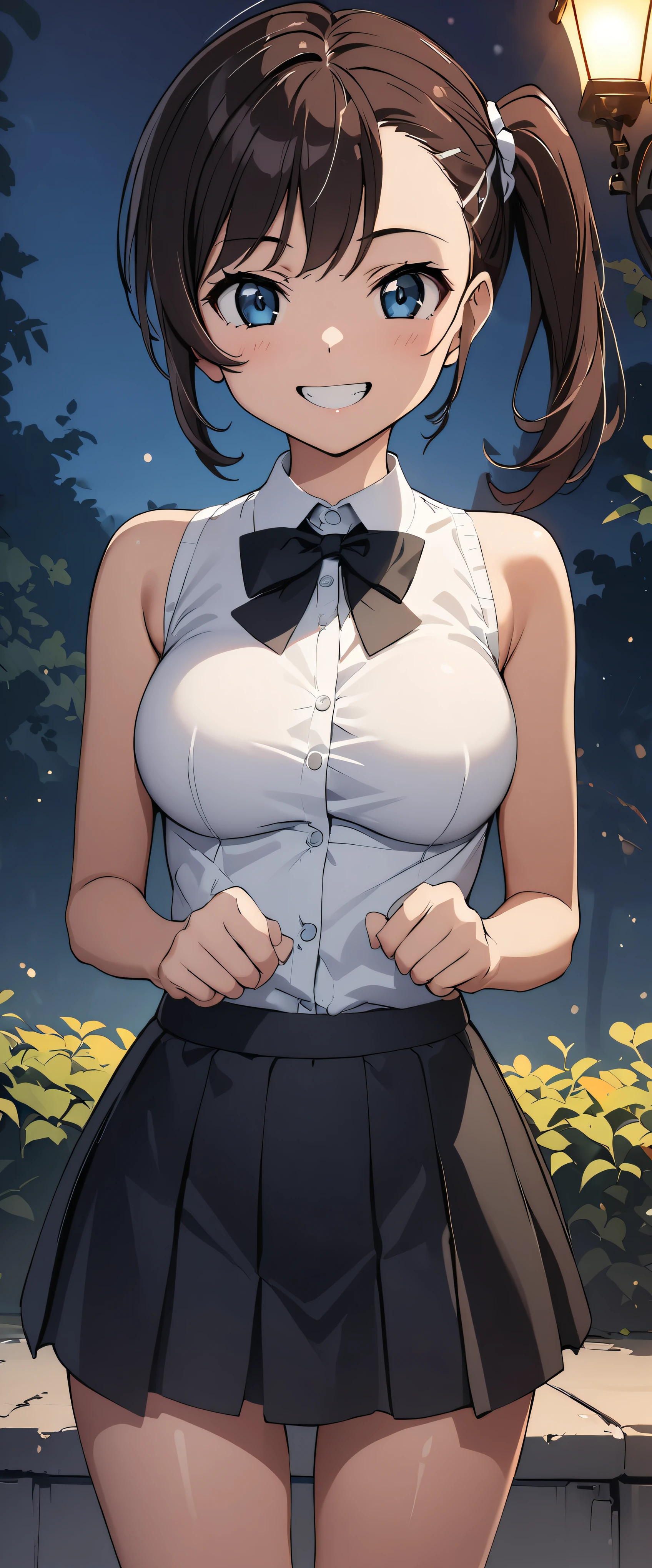 (((masterpiece)))、((Best Quality))、(Ultra-detailed)、(CG illustration)、( Very Beautiful Girl))、 cinematic light 、((1 Girl))、 、(Beautiful and luxurious:1.2)、( one girl:1.3),garden,,,,(()),,smile,teeth,Fits perfectly against the skin,skinny,Big Breasts, Dynamic Sexy Poses, side ponytail, Sleeveless, see-through