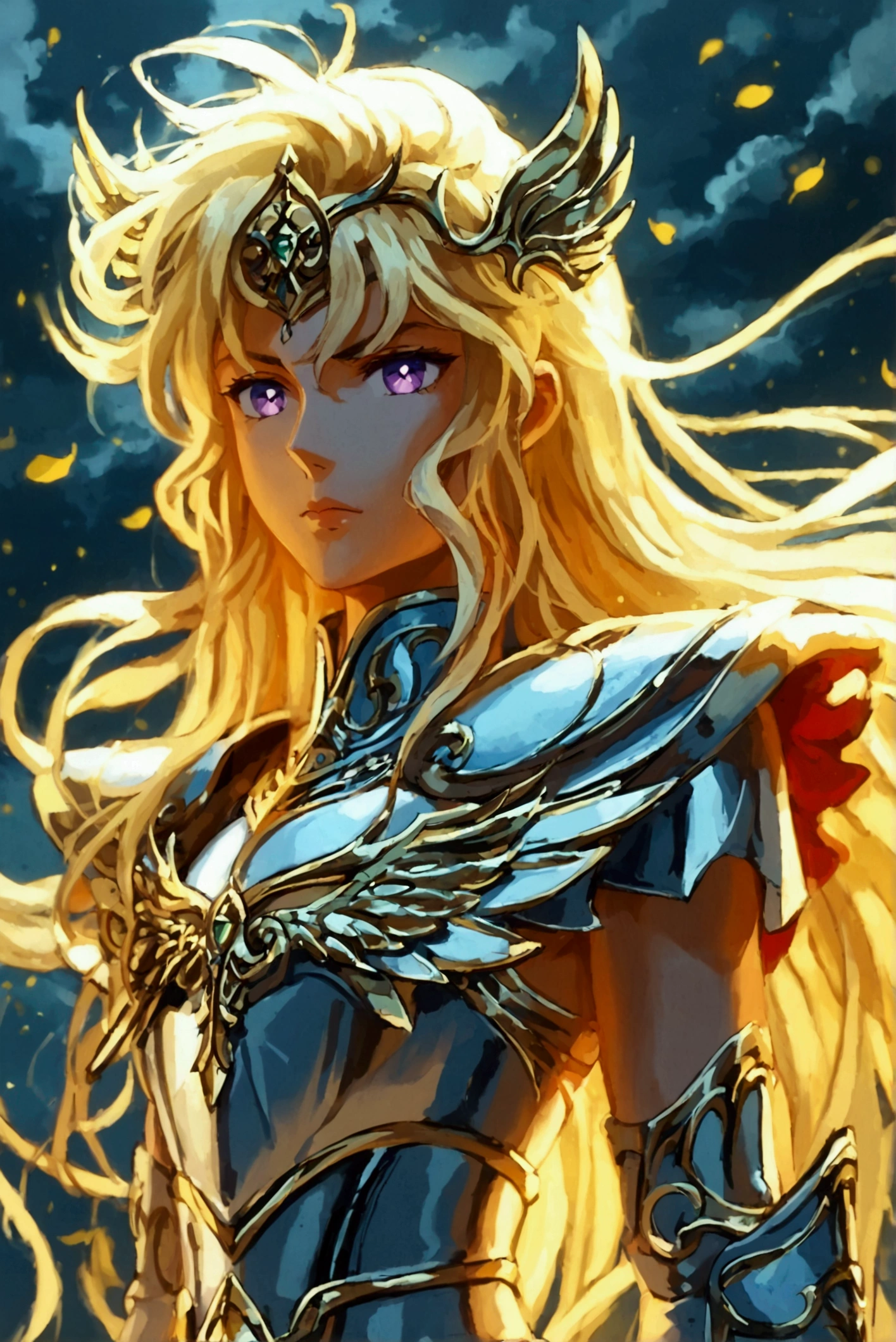 Draw an 18-year-old Athena in a kamui armor inspired by *Saint Seiya*, exuding wisdom, strength, and an aura of divine authority. She stands tall and poised, with an athletic, graceful build and deep violet eyes that reflect intelligence and unyielding resolve. Her long, flowing violet hair cascades down her back, crowned with a simple yet elegant golden diadem. Her armor shines in a silvery tone with deep blue and gold accents, blending regality and purpose. The chestplate bears the symbol of an owl, representing wisdom, while detailed engravings of olive branches wrap around her arms and legs, symbolizing peace and prosperity.

Her pauldrons are designed as protective, wing-like structures, embodying her role as a defender of justice and strategy, and her cape flows in deep blue with gold trim, echoing her celestial grace. Athena carries her golden Aegis shield in her left hand, adorned with the petrifying face of Medusa in the center, whose eyes emit a subtle, mystical glow. In her right hand, she wields a tall golden spear, crafted with intricate vine patterns along the shaft, signifying her dual strength in both war and wisdom. Her armor emits a faint, radiant glow, with a soft halo of olive leaves encircling her as a symbol of peace. The backdrop features a serene yet powerful twilight sky, streaked with glowing clouds, capturing Athena’s essence as the goddess of both wisdom and warfare.