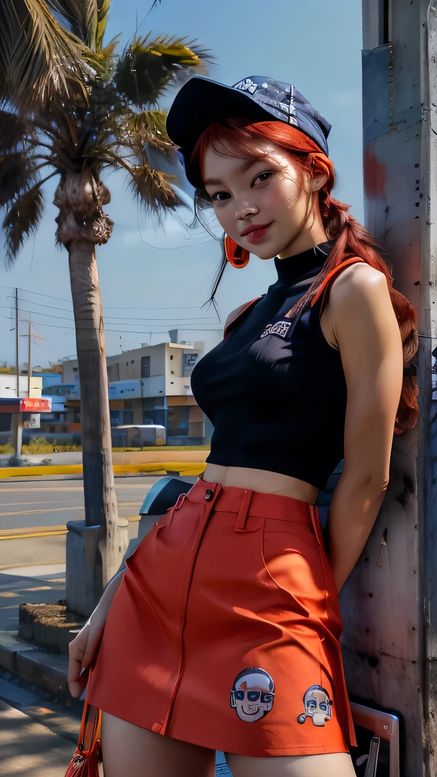 Create a woman sitting on a throne, heads up, eyes focus on you, orange color side ponytail hair, focus on the face, yellow crop top, denim shorts, red color suspenders, beautiful, very pretty, meticulously detailed, high quality, perfect anatomy, perfect skin, great Resolution, digital art, realistic painting, muted colors, watercolor style