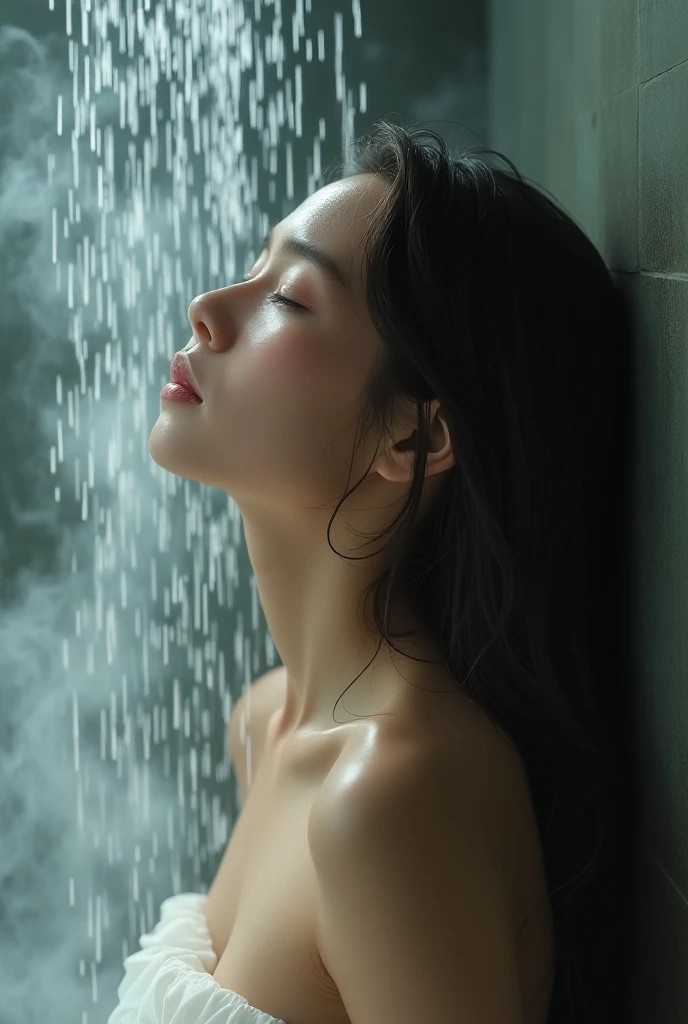 Beautiful girl taking a shower, nude, naked, nsfw, focusing on the interplay of water, light, and her thoughts as she finds moments of tranquility amidst the chaos of her day."