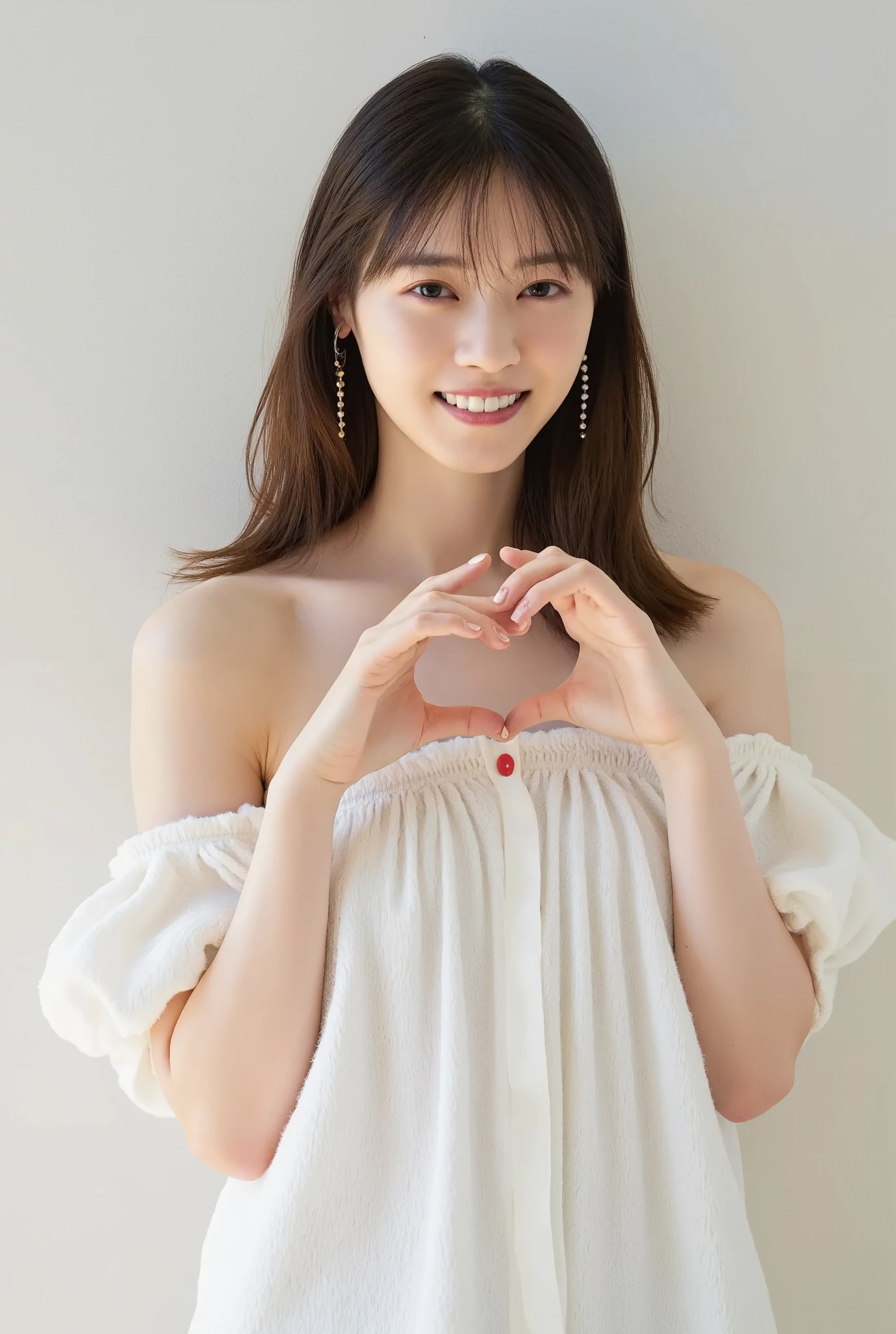 Only one woman with a cute smile wears cute, fluffy off-shoulder pajamas, makes a big heart shape with both hands, and poses them in front of her chest, View above collarbone、The background is a monotone 

