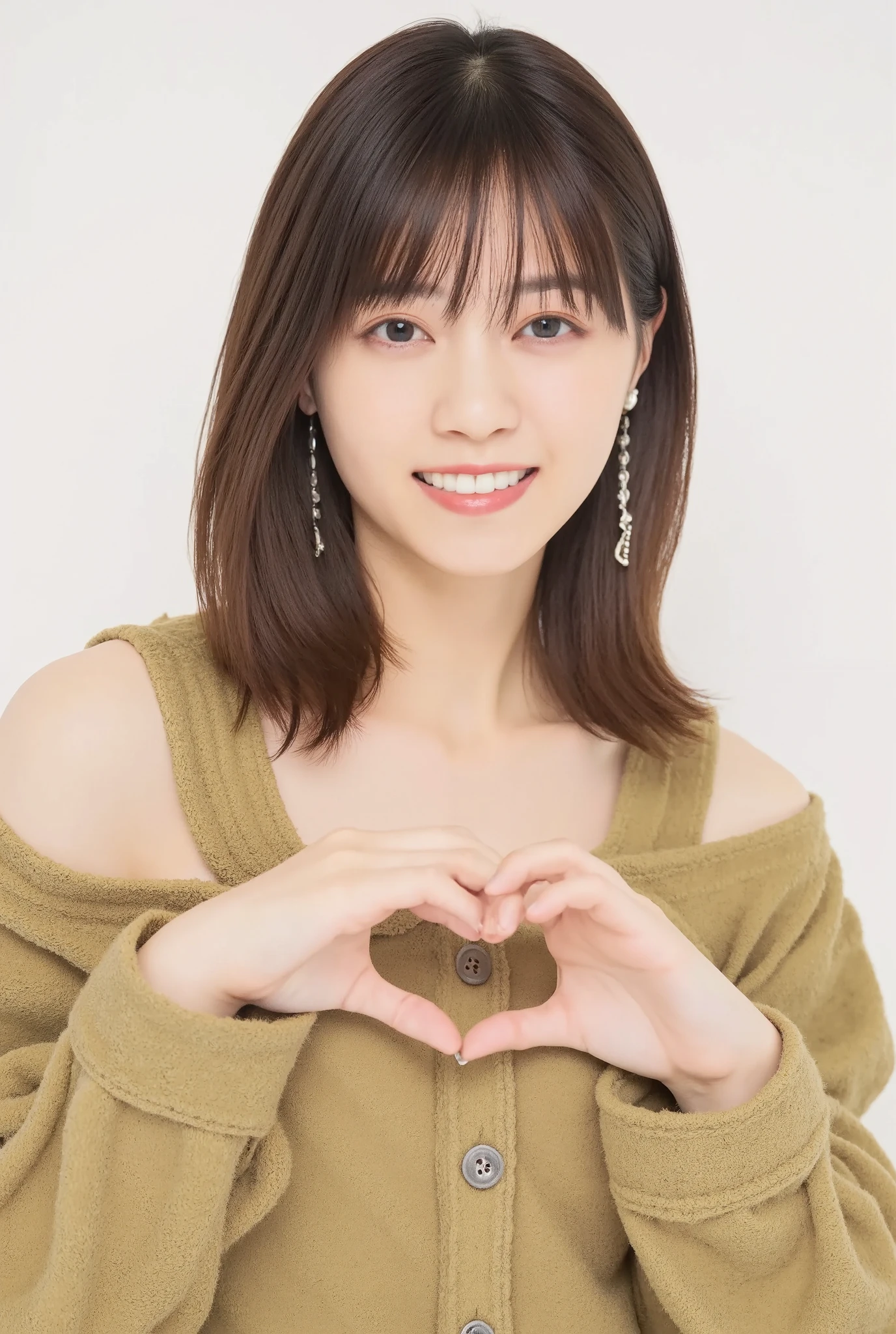 Only one woman with a cute smile wears cute, fluffy off-shoulder pajamas, makes a big heart shape with both hands, and poses them in front of her chest, View above collarbone、The background is a monotone 

