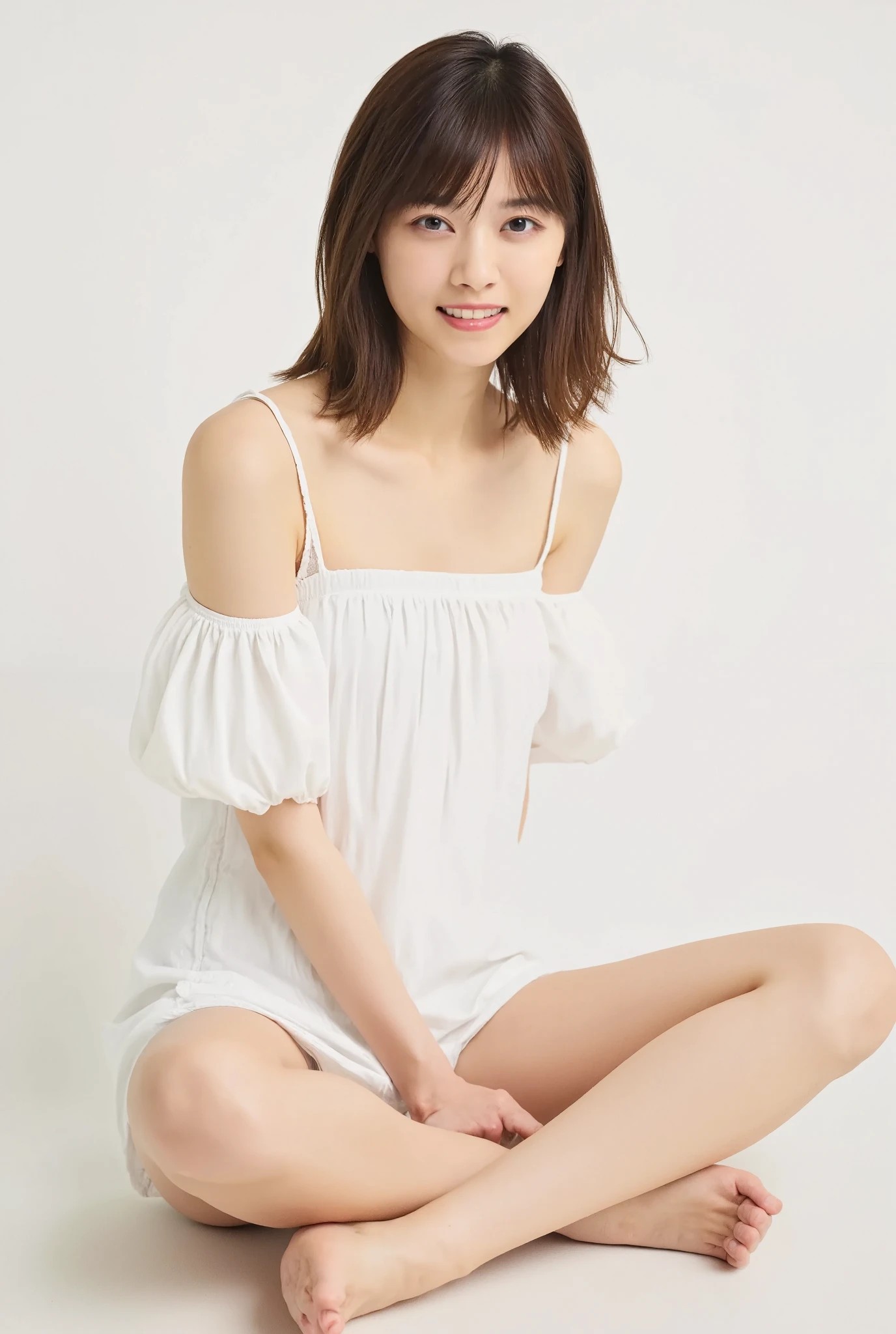 Full body shot from the front、Wear off-the-shoulder mini one-piece pajamas, bend your knees, spread your legs, take a cross-legged pose, and sit while looking at me, Slender bare legs 、smile、The background is a monotone 

