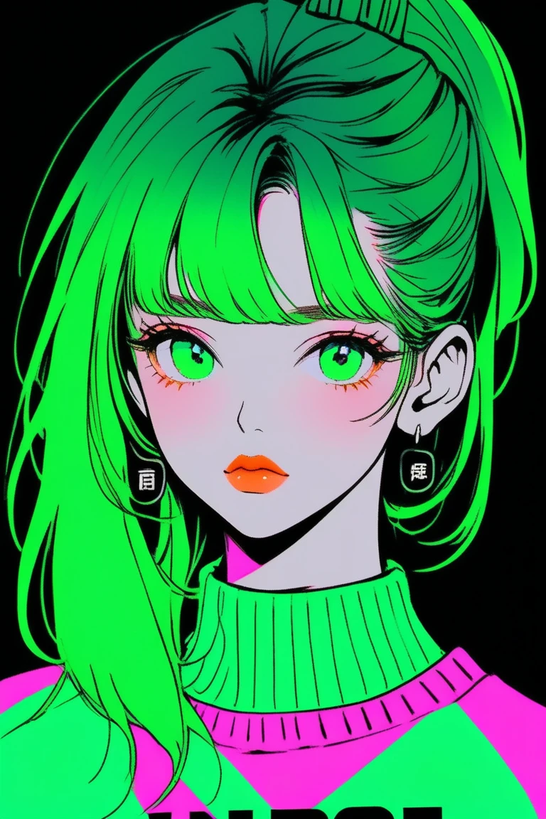 (best quality, sketch:1.2),realistic,illustrator,anime,1 girl, detailed lips, sweater, custom, green gradient background, neon hair,  straight hair, textured cropping, masterpiece, style retro classic, noir dark 