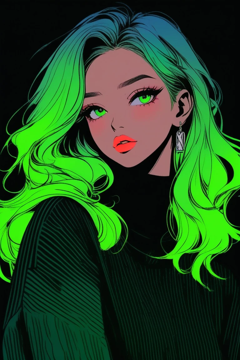 (best quality, sketch:1.2),realistic,illustrator,anime,1 girl, detailed lips, sweater, custom, green gradient background, neon hair,  straight hair, textured cropping, masterpiece, style retro classic, noir dark 