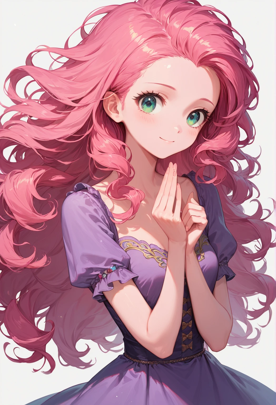 score_9, score_8_up, score_7_up,source_anime, high res image,masterpiece,best quality,girl,cute face,clear skin,simple_background, purple dress, pinkie pie, pink hair, green eyes, fluffy hair, pink skin