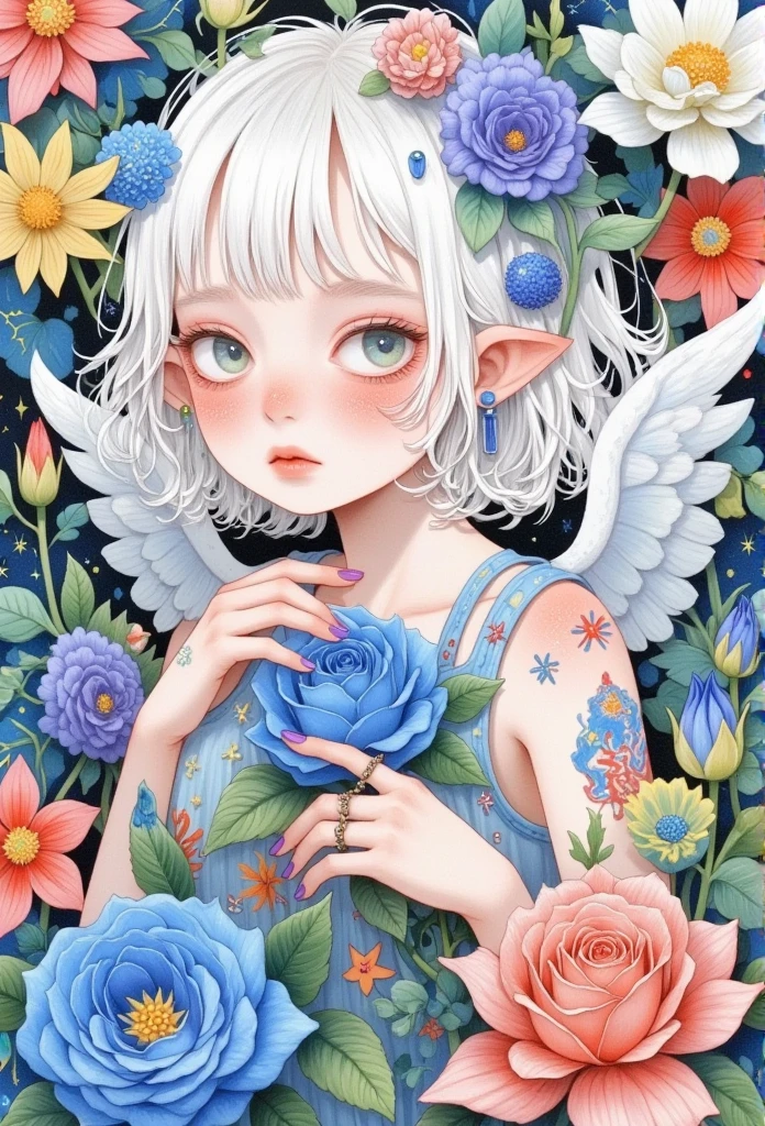 1 Girl,Angel,Angel  Wings , bangs,blue flower,blue Rose,flower束,茶flower,Shut up,daisy,eyelash,feathered  Wings ,flower卉背景,flower卉印flower,flower,green flower,Hold,Hold flower束,Hold flower,leaf,lily \(flower\), looks at the audience,莲flower,mini  Wings ,orange flower,pink flower,pink Rose,Pointed ears,purple flower,purple Rose,red flower,red Rose,Rose,Rose petals,Rose print,Short hair, alone,spoken Scribbled,Scribbled,Star \(Sky\),Tattoo,thorns, traditional media,tulip, upper body,white flower,White hair,white Rose,white  Wings , Wings ,yellow flower,yellow Rose