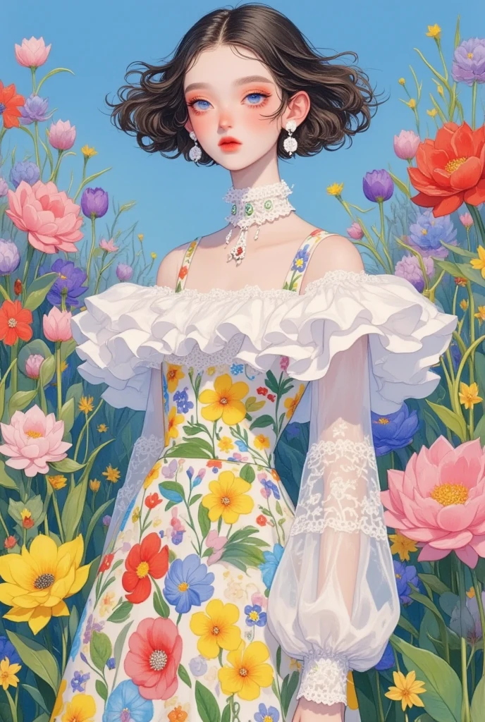 a painting of a woman in a dress standing In a flower field, artstration Trends, Shin Jin Hwi Art , dressed in a Floral skirt, author：The J, In a flower field, author：Li Song, Floral skirt,  Beautiful digital illustrations , Girl in the flowers, Hiroshi Yamagata, Beautiful digital illustrations, author：unbelievable, Girl in the flower field