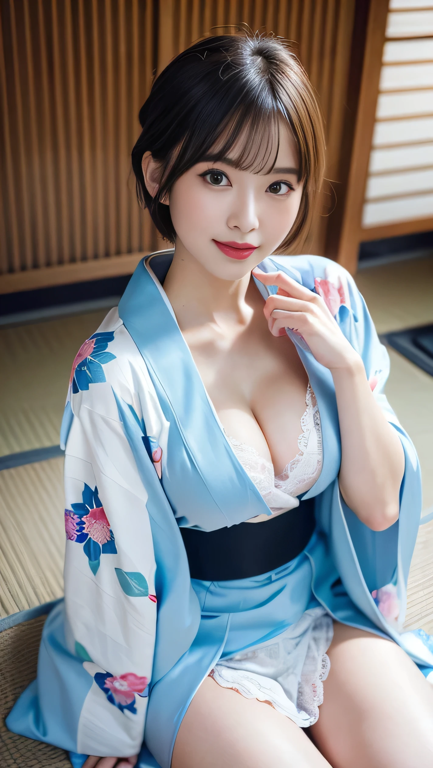 Updo hairstyle, 1ung girl, Amazing face and eyes, (big round eyes:1.1), (extremely detailed beautiful face), (Beautiful lovely smile), (sexy floral kimono:1.5), (bare shoulder:1.3), (cleavage:1.5), (Best Quality:1.4), (ultra high resolution), (Ultra realistic, photo-realistic:1.37), raw photos, professional photograpy, cinematic lighting, sitting, open your legs, panties, School, classroom, flower arrangement,