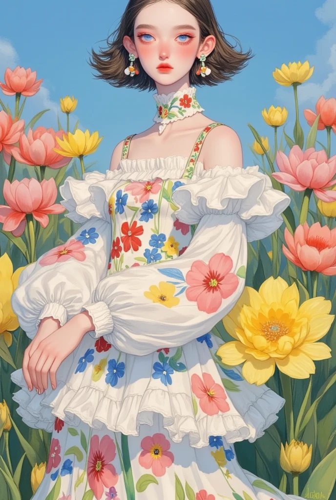 a painting of a woman in a dress standing In a flower field, Digital paintings，The author is Yang J ,  Trending on Artstation ,  digital art, artstration Trends, Shin Jin Hwi Art , dressed in a Floral skirt, In a flower field, Floral skirt, Girl in the flowers,  Beautiful digital illustrations , Beautiful digital illustrations, Girl in the flower field