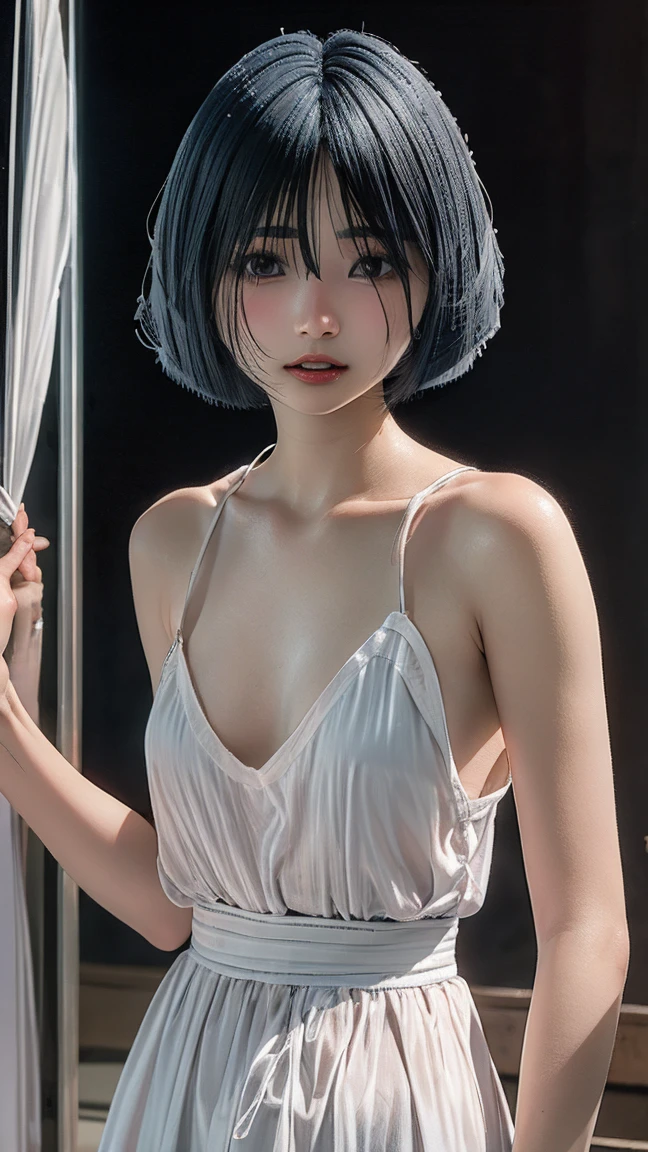 ((Best quality, 8k, Masterpiece: 1.3)), Sharp focus: 1.2, A beautiful woman with perfect body: 1.4, Slim abdomen: 1.2, ((Layered haircut, Large breasts: 1.2)), (no bra) (Small and beautiful hard nipple) (Thin and damp button up to shirt length: 1.1), (White shirt wet by rain), (Rain, Street: 1.2), Wet body: 1.1, Highly detailed face and skin texture, Detailed eyes, Double eyelid,