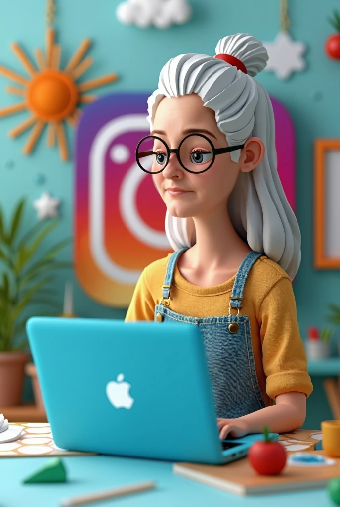  create a 3D illustration featuring a realistic 53-year-old girl sitting casually on a blue Apple MacBook in front of the social media logo, especially " instagram ".  the character must look like an artisan and designer of jewelry and eco-jewelry made of quilling paper art . She cares about sustainability and ecology .  the image may have miniature elements of nature .  The background of the image should show a social media profile page with real data ,  design tools and the username  "@artesanaturestore"  and profile picture combining . he has 14k 