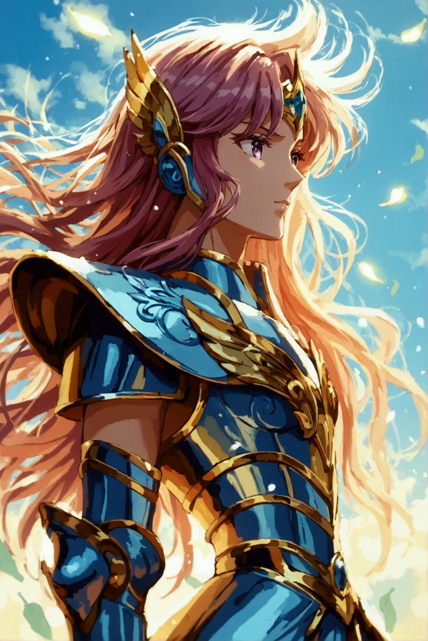 Draw an 18-year-old Saori o, embodying her divine role as Athena, in a kamui armor inspired by Saint Seiya. She stands with a dignified and graceful posture, her athletic build reflecting both strength and elegance. Her long, flowing violet hair cascades past her shoulders, framing her serene yet powerful face, with deep violet eyes that carry wisdom and compassion. Saori’s expression is one of quiet determination and authority, hinting at the immense divine presence within her human form.

Her armor is the radiant, legendary Golden Armor of Athena, shining with a brilliant white-gold hue, accented by intricate engravings of olive branches and symbols of justice. The chestplate is adorned with the owl emblem of Athena, symbolizing wisdom and foresight, while the armor’s pauldrons are designed to resemble elegant wings, representing her role as the protector of peace and strategic warfare. Delicate patterns of laurel leaves are etched along the gauntlets and greaves, signifying her victories in protecting humanity.

In her left hand, Saori wields the Aegis shield, large and shimmering with the face of Medusa engraved at its center, her eyes glowing with divine energy. In her right hand, she holds the golden spear of Athena, its shaft decorated with vine-like patterns, signifying both her divine strength and her strategic brilliance. Her aura radiates a soft, ethereal light, with olive leaves subtly floating around her, symbolizing peace and protection. The background should reflect a serene yet powerful twilight sky, with golden clouds breaking through, embodying the duality of Athena as both a goddess of war and wisdom.