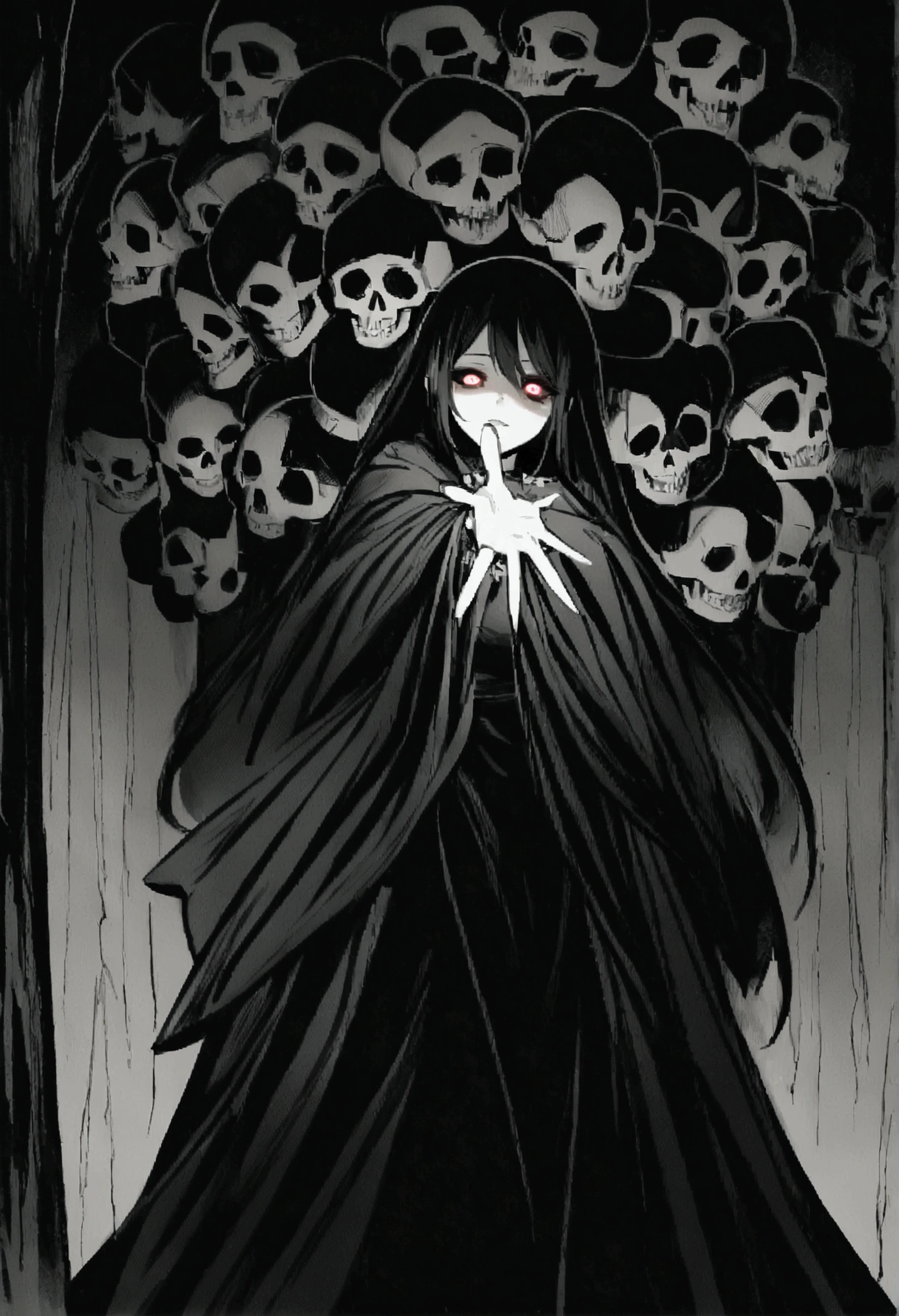A forest full from darkness and negatives, a woman wearing black saree and a garland of human skulls , her dangerous powers showcase her intentions, a glow in her eyes, a negative aura exude from her