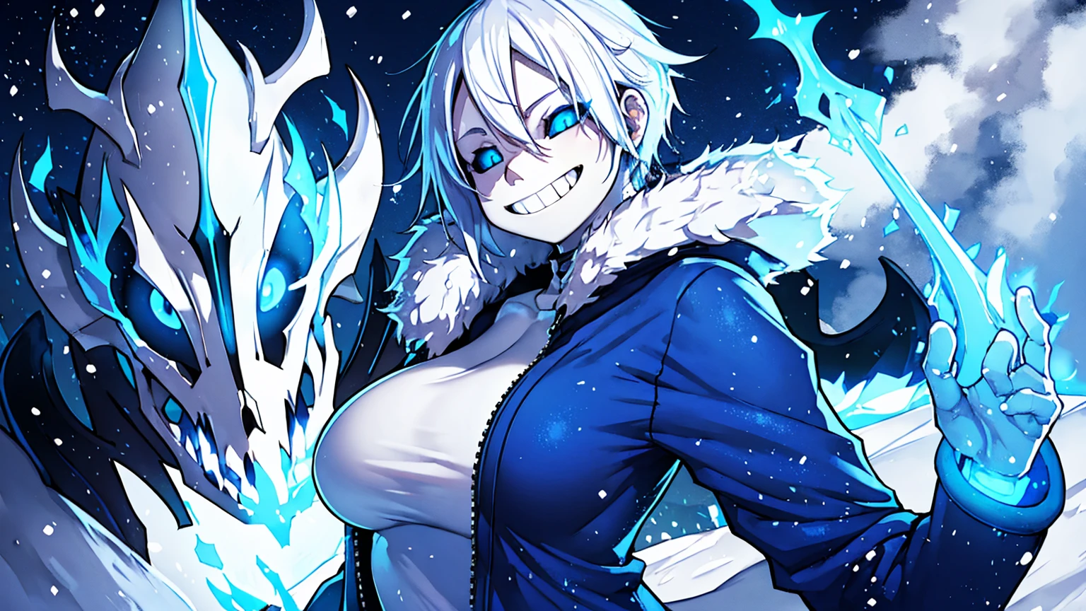 Toby Fox Undertale Sans Blue Jacket ,Fire eyes skull smile white long hair glowing snow town Femininefull big breast breast enlargement full-body shot 插图, ultra-detailed, HDR, vibrant colors, soft lighting