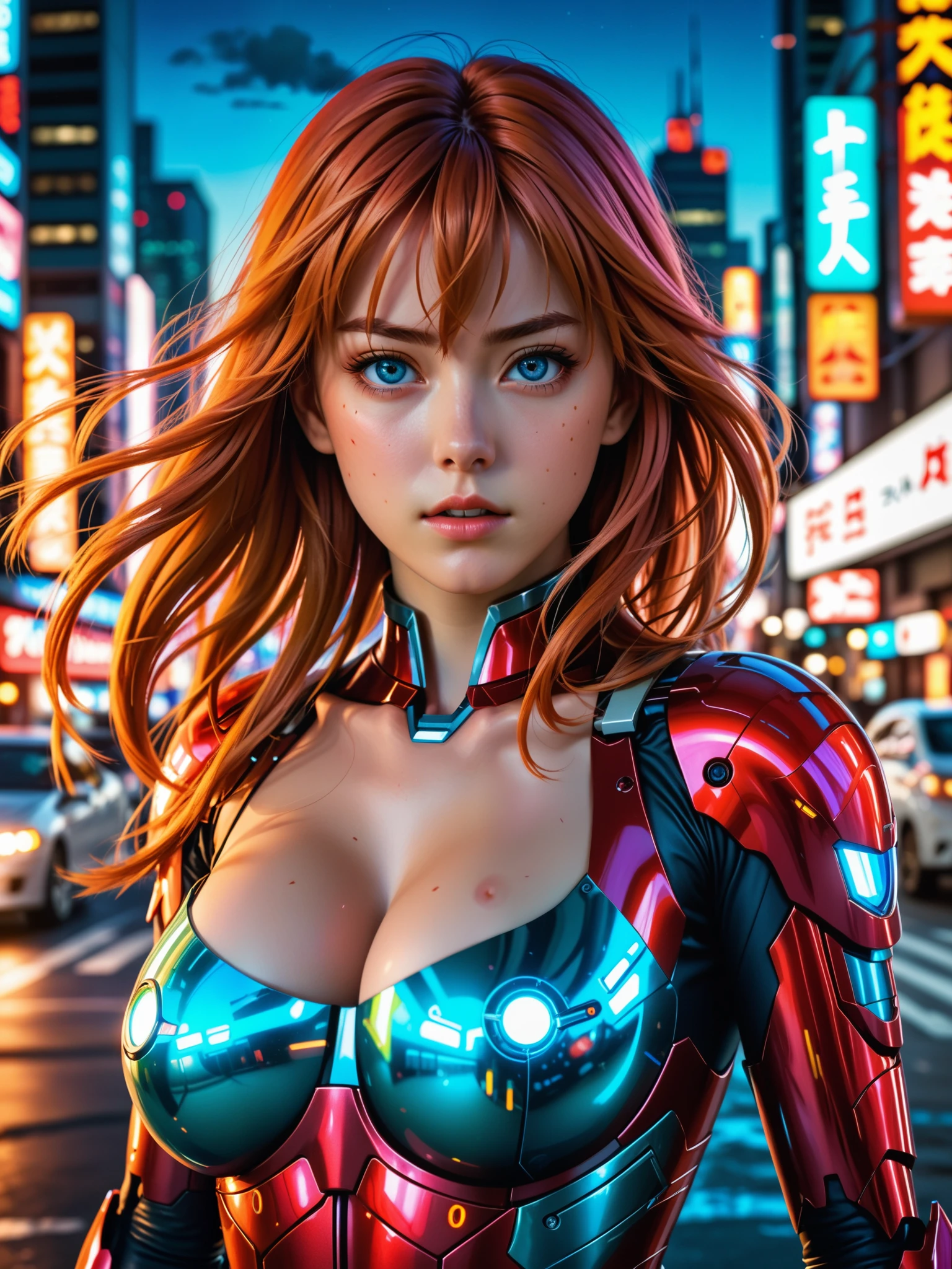 asuka langley, colorful neon lights, sharp focus, (best quality, 4k, highres, photorealistic:1.37), detailed facial features, fiery red hair, intense blue eyes, determined expression, red pilot uniform, futuristic cityscape background, vibrant colors, (hyperrealistic), (illustration), (high resolution), (8K), (extremely detailed), (best illustration), (beautiful detailed eyes), (best quality), (ultra-detailed), (masterpiece), (wallpaper), (anatomically correct), (solo), (1 girl), (high detailed realistic hair), (heterochromic eyes), (detailed eyes), (sparkling eyes), (realistic big breasts:1.5), (exposed nipples breasts:1.35), (long legs), (slender abs), (dynamic pose), (closed tiny mouth:1.3), (nsfw), (concentrated expression)