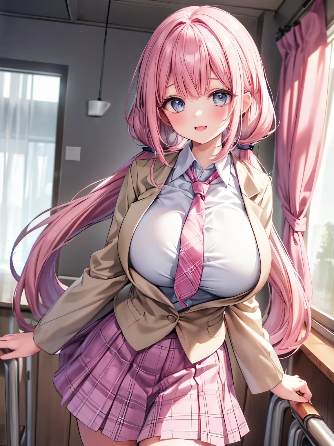 Best Quality, solo girl,(gigantic breasts:1.2),(Pink Hair,low twintails:1.4),(Big light blue eyes), very happy smile, blush cheeks, open your mouth wide,View Viewer,break,(classic school costume,Beige blazer, white collared shirt, Grey Pleated Skirt, red plaid tie,Formal Wear:1.3), is standing, cowboy shot, there are students around the school classroom ,Curtains swaying in the wind