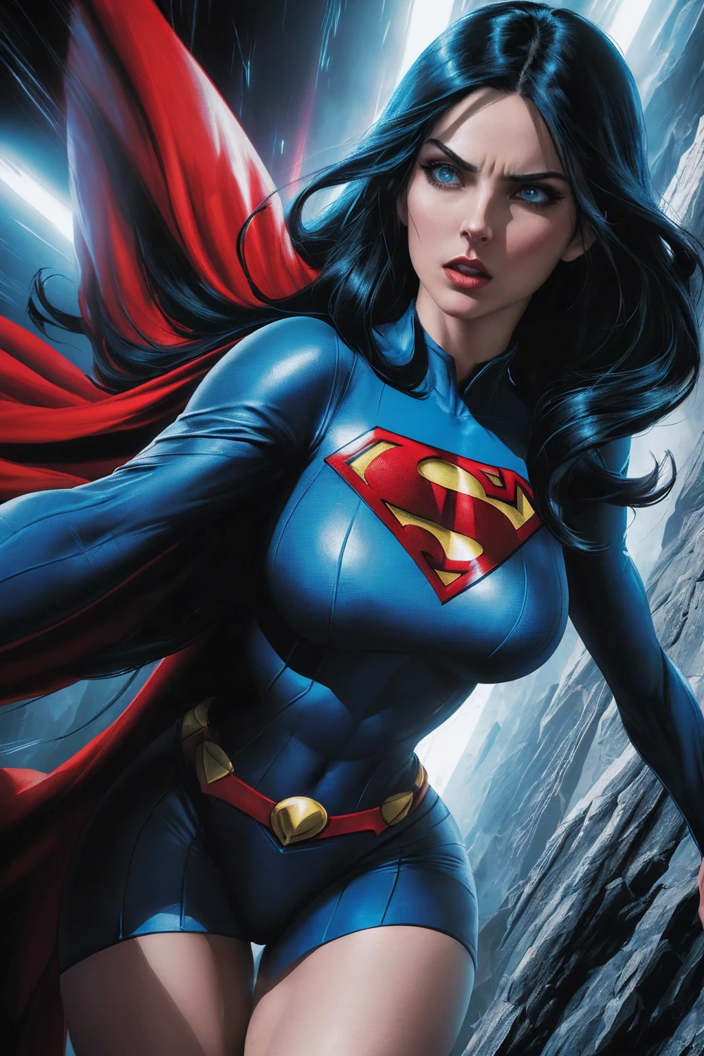 A woman with long black hair and blue eyes, wearing a red and blue superhero costume, powerful superhero pose, dynamic action scene, (best quality,4k,8k,highres,masterpiece:1.2),ultra-detailed,(comics,photocomic,photo-comic:1.37),cinematic lighting,dramatic atmosphere,vivid colors,epic fantasy, fighting