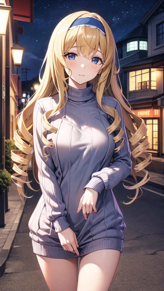 masterpiece, best quality, highres, aacecilia, long hair, curly hair, drill hair, blue hairband, sweater dress, ribbed sweater, standing, night, street,