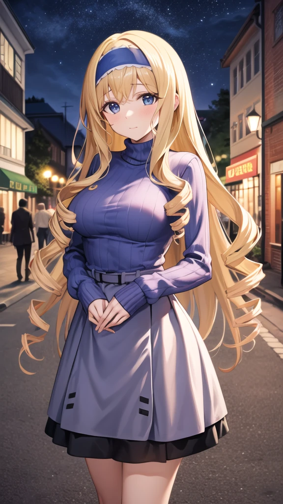 masterpiece, best quality, highres, aacecilia, long hair, curly hair, drill hair, blue hairband, sweater dress, ribbed sweater, standing, night, street,