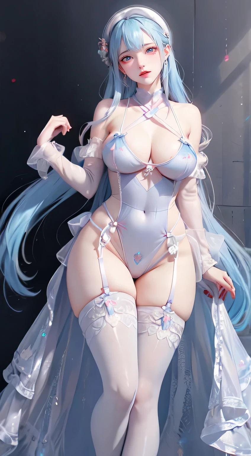 (UHD, 32k, photorealistic, best quality: 1.4), (Japanese,woman,pink and white hair, (blue eyes)),((Show your armpits),whole body,open your legs),((transparent clothes 2)),(metallic,body suit,garter belt,gloves)
