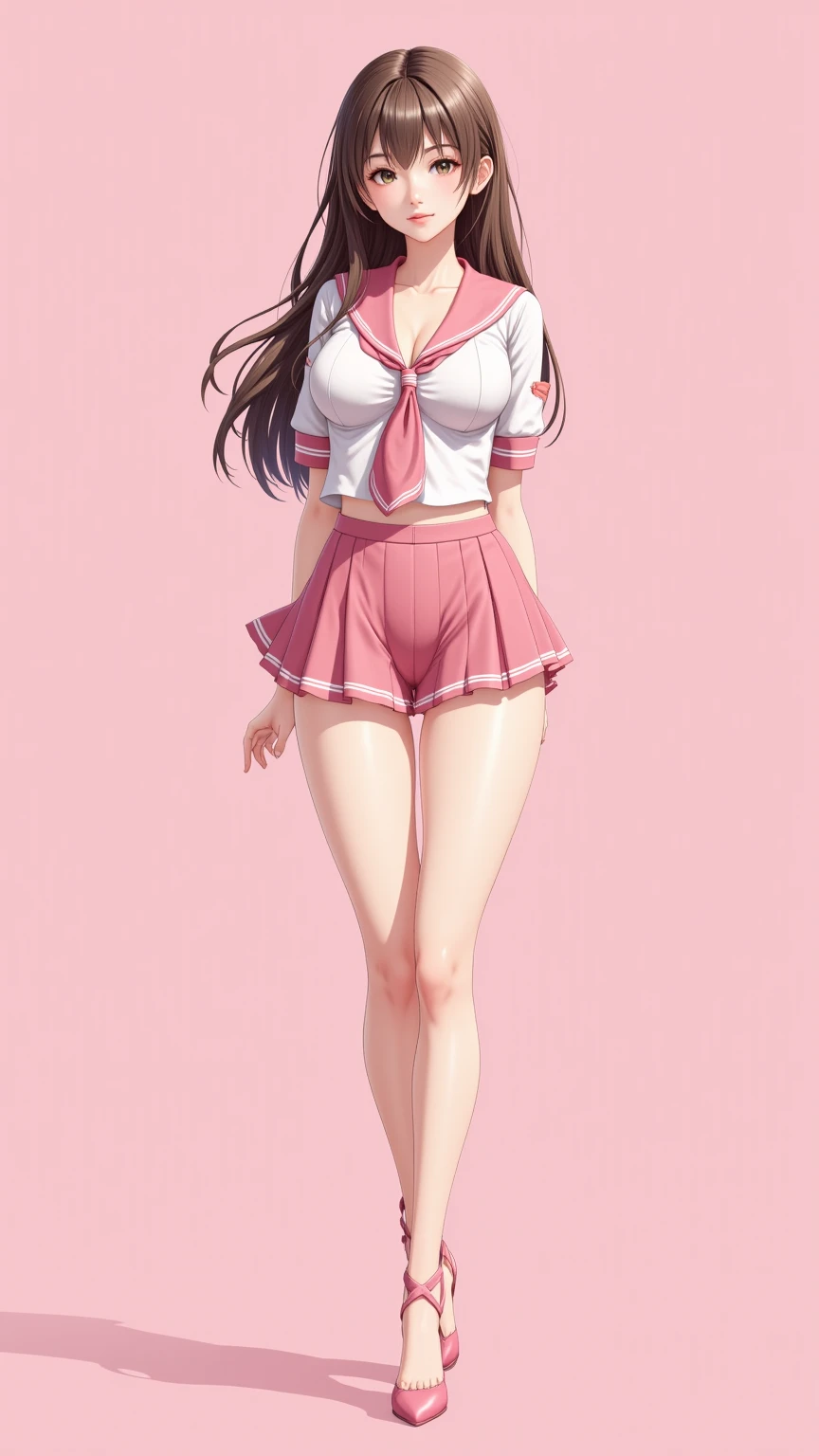 (masterpiece, best quality:1.2), 1 girl, Solitary,Standing, Long hair，Pink skirt，big breasts, cleavage, (photorealistic), japanese high school girl, slender, 3D, anime, sexy, submissive, erotic, sailor suit, student uniform, pink background, pastel color palette, 