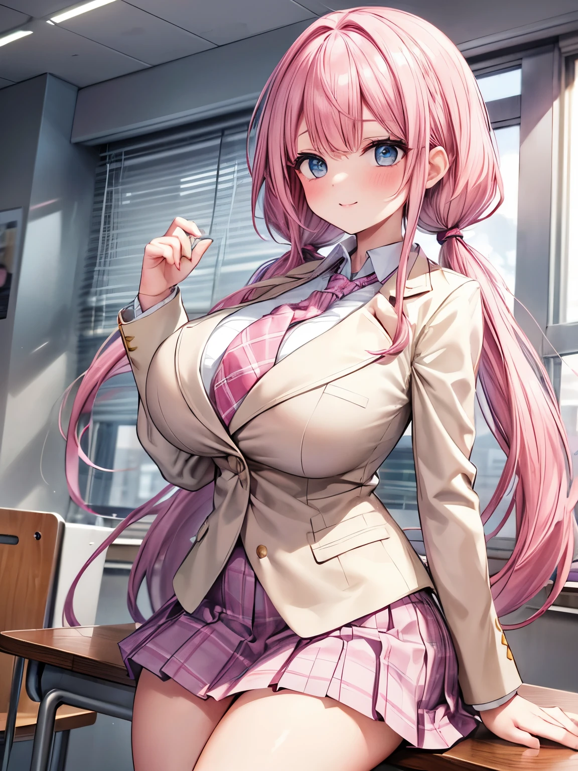 Best Quality, solo girl,(gigantic breasts:1.2),(Pink Hair,low twintails:1.4),(Big light blue eyes), very happy smile, blush cheeks, open your mouth wide,View Viewer,break,(classic school costume,Beige blazer, white collared shirt, Grey Pleated Skirt, red plaid tie,Formal Wear:1.3),sitting on desk, cowboy shot, there are students around the school classroom ,Curtains swaying in the wind