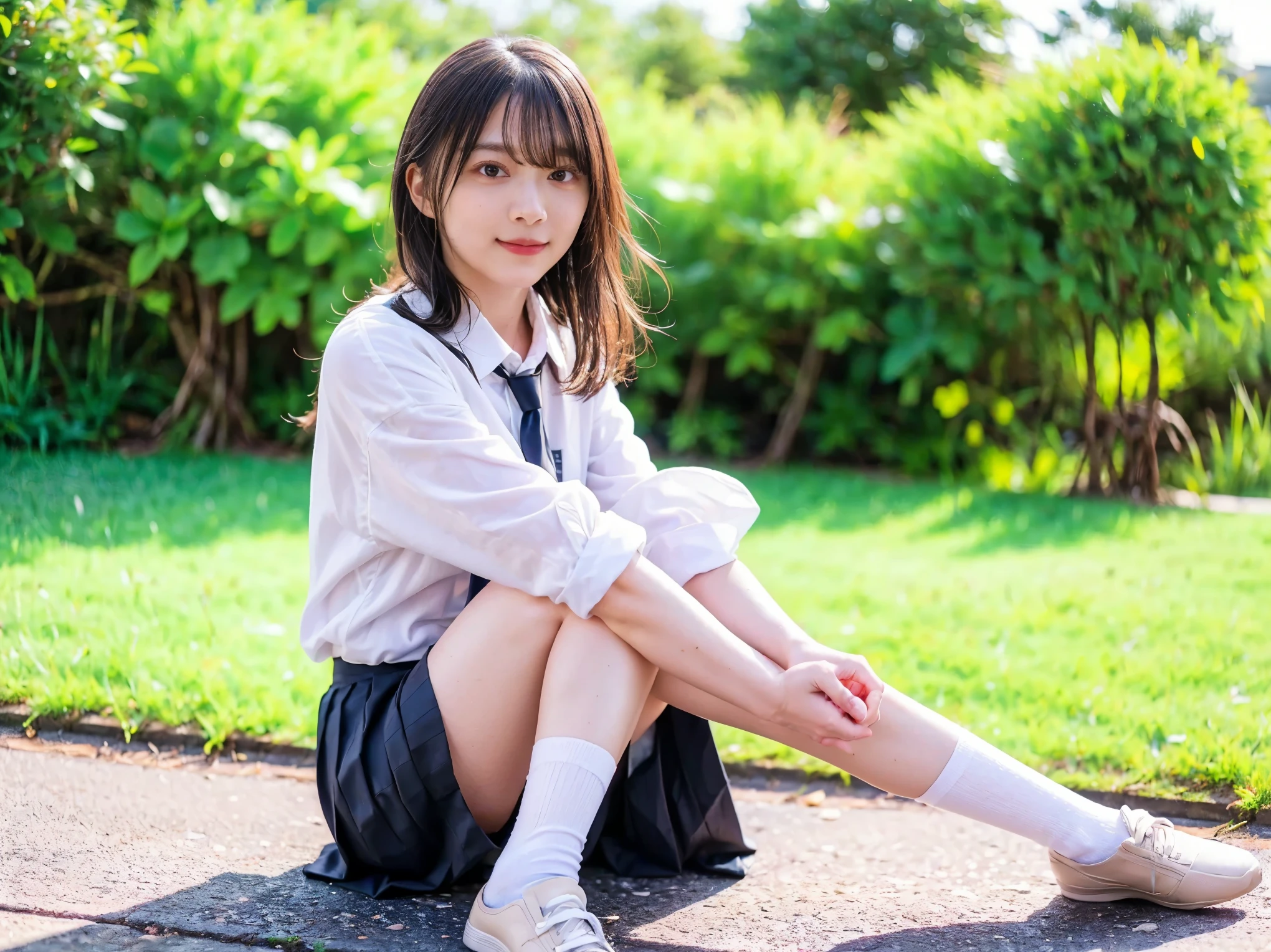 highest quality, Ultra-high resolution, Highly detailed skin, Physically Based Rendering,(shirt with wide open chest、mini skirt),((from below))) ,(((Young face of 18 years old,Japan Schoolgirls、Place both hands on the ground、Topless leaning forward,No bra)))(((panty shot.showing panties,squatting,open legs wide)))(((Small breasts, Nipples are visible, from the front,))),(Japanese school girl uniform),(Blurred Background:1.2), (Cleavage), (Show me her white panties)Long black hair, open chest shirt