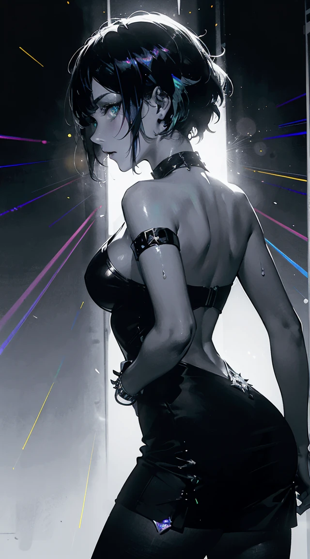 ((Ultra Long Exposure Photography)) high quality, highly detailed, beautiful woman silhouette, wearing a black bikini, short hair made of millions of ultra bright galaxy neon strings, beautiful silhouette, highdetailed, hourglass waist, huge waist, rear view, cyberpunk-like city in the wild west era as background, 8k, ultrasharp, high resolution, high detailed, looking at the sky