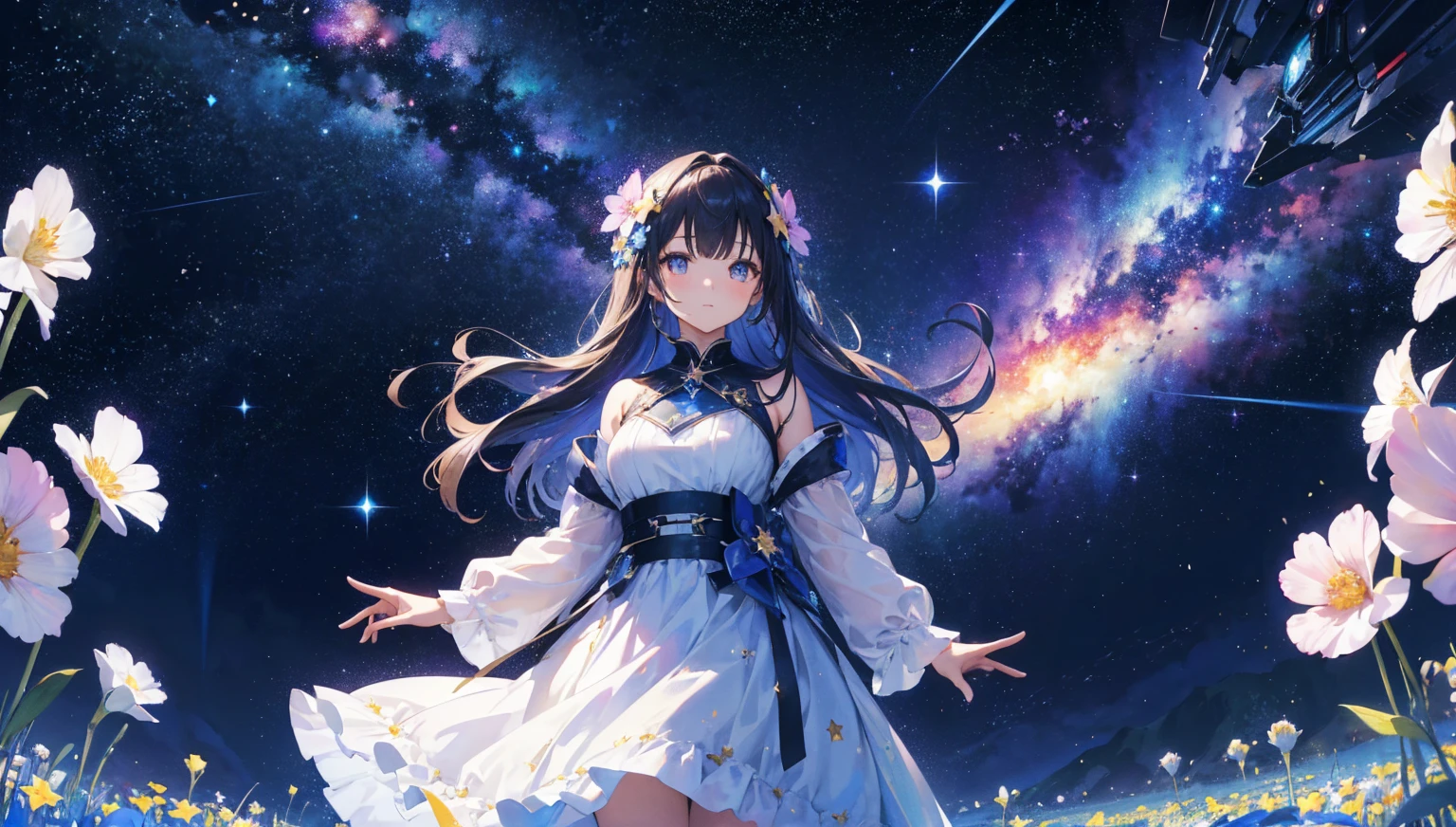 absurdres, highres, masterpiece, best quality, ultra-detailed 8k wallpaper, (detailed beautiful face):1.2, (detailed beautiful eyes)1:1, 1girl, solo, (He’s looking at us:1.2), black hair, Flower-patterned yukata, (summer triangle:1.3), The Star Festival, shining sky, distant horizon, clouds, natural beauty, (night sky, Shining Stars:1.5), (summer triangle:1.5), Residential area seen from balcony, Residential area in the distance, BREAK (very wide:1.3),(panorama view:1.3),(sense of depth:1.5),(long shot:1.3),(magnificent view:1.3)