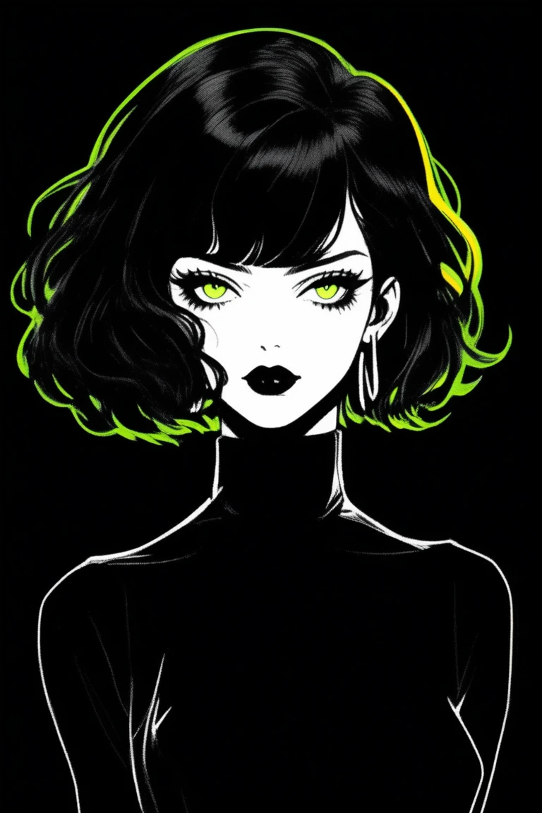 (best quality, sketch:1.2),realistic,illustrator,anime,1 girl, detailed lips, black dress8,custom, (background dark monochrome),neon hair,textured cropping, masterpiece, style retro classic, noir dark, art, sketch book, (bob hair black:1.75 neon:1.32), bad women , dark shadows 