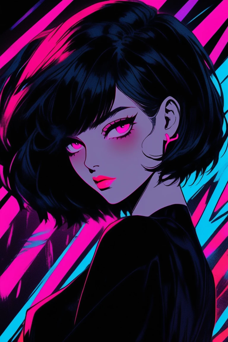 (best quality, sketch:1.2),realistic,illustrator,anime,1 girl, detailed lips, black dress8,custom, (background dark monochrome),neon hair,textured cropping, masterpiece, style retro classic, noir dark, art, sketch book, (bob hair black:1.75 neon:1.32), bad women , dark shadows 