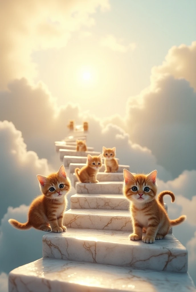 There is a paradise where many of the cutest brown tiger kittens in the world live on marble steps that extend above the clouds、(((Realistic:1.3))、 seems happy、Warm Light