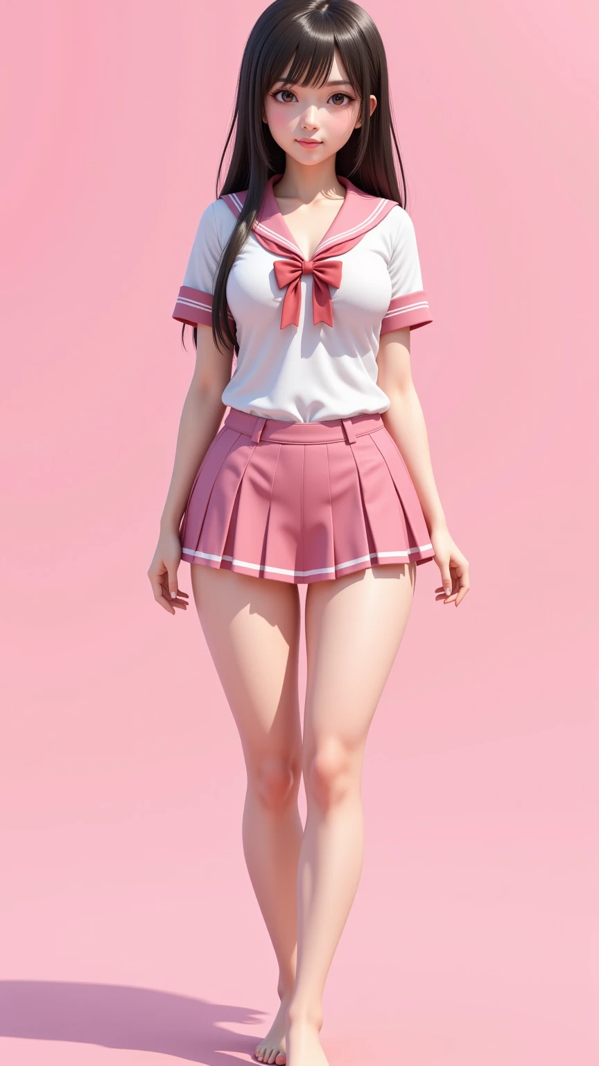 (masterpiece, best quality:1.2), 1 girl, Solitary,Standing, Long hair，Pink skirt，big breasts, cleavage, (photorealistic), japanese high school girl, slender, 3D, anime, sexy, submissive, erotic, sailor suit, student uniform, pink background, pastel color palette, shiny skin, 