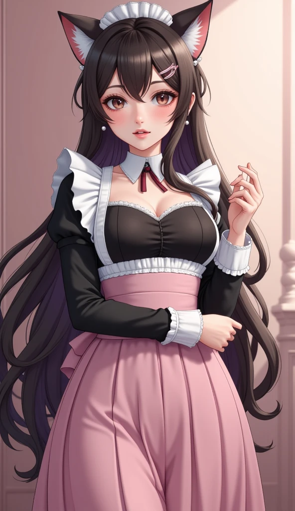 (masterpiece, best quality:1.2), 1 girl, Solitary,StandingUpper body close-up（((masterpiece), on)"A highly detailed illustration of an anime-inspired cat-eared maid dressed in a classical Victorian-style maid outfit. The character has cat ears and a gentle, demure expression, with wide, soft eyes that show a sense of calm and grace. Her hair is neatly styled with a few loose curls, adding to her refined appearance. She wears a long, elegant black dress with a high collar, white lace cuffs, and a traditional white apron. The outfit is completed with delicate lace accents, a small bonnet, and simple pearl earrings. Her calm expression and poised posture convey a sense of elegance. The background is softly lit, perhaps hinting at a classic Victorian interior with subtle shadows and warm tones., Long hair，Pink skirt，big breasts, cleavage, (photorealistic), japanese high school girl, slender, 3D, anime, sexy, submissive, erotic, sailor suit, student uniform, pink background, pastel color palette, 