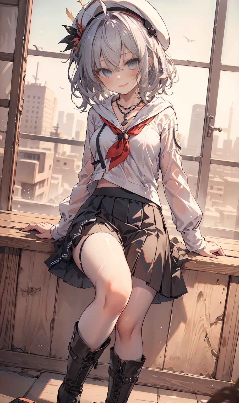 masterpiece, 1 girl, sparrow, a silver haired girl, wearing a sailor clothes, very short hair, messy hair, slim body, he close her left eye, shirt ornament, ruby eyes, ahoge, baby face, long sleeves, beautiful eyes, droopy eyes, her age is 19, nagisa_bluearchive, seductive face, medium hair, seductive smile, curly hair, MongolPunkAI, medium breasts, view from right down, she tease you, lend a hand to you, she very close to you, smug smile, rainbow_one, pristess clothes, black flared skirt, crocth tattoo, necklace, erotic smile, white clothes, white shirt with hood, boots, black beret, white pantyhose, black skirt, long sleeves, boots, restroom