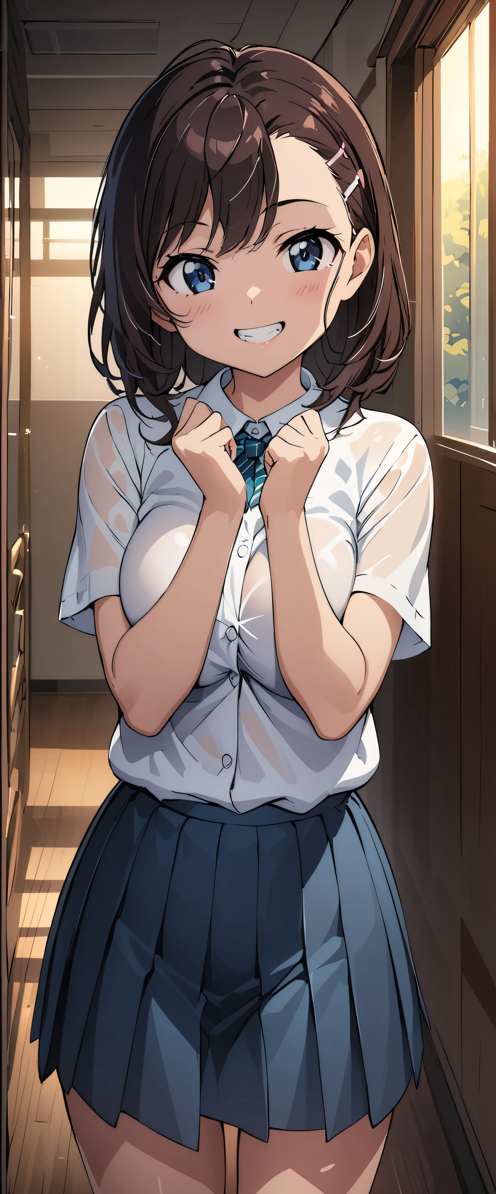 (((masterpiece)))、((Best Quality))、(Ultra-detailed)、(CG illustration)、( Very Beautiful Girl))、 cinematic light 、((1 Girl))、 、(Beautiful and luxurious:1.2)、( one girl:1.3),School,,((Student Uniform)),,smile,teeth,Fits perfectly against the skin,skinny,Big Breasts, cute pose ,( see-through shirt )