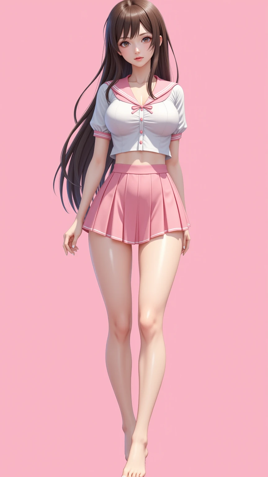 (masterpiece, best quality:1.2), 1 girl, Solitary,Standing, Long hair，Pink skirt，big breasts, cleavage, (photorealistic), japanese high school girl, slender, 3D, anime, sexy, submissive, erotic, sailor suit, student uniform, pink background, pastel color palette, shiny skin, 